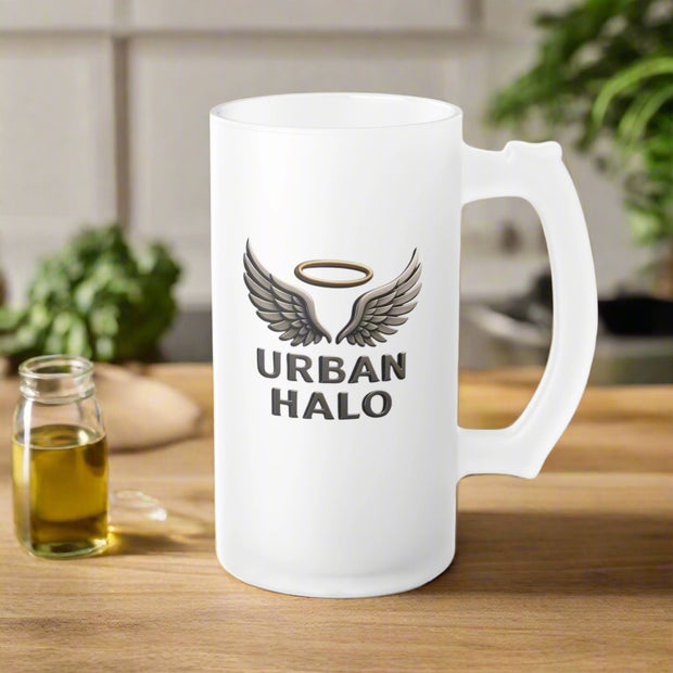 Urban Halo Frosted Glass Beer Mug with Wings Design