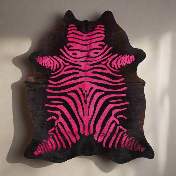 Acid Washed Cowhide Area Rug In Distressed Zebra Pink On Black