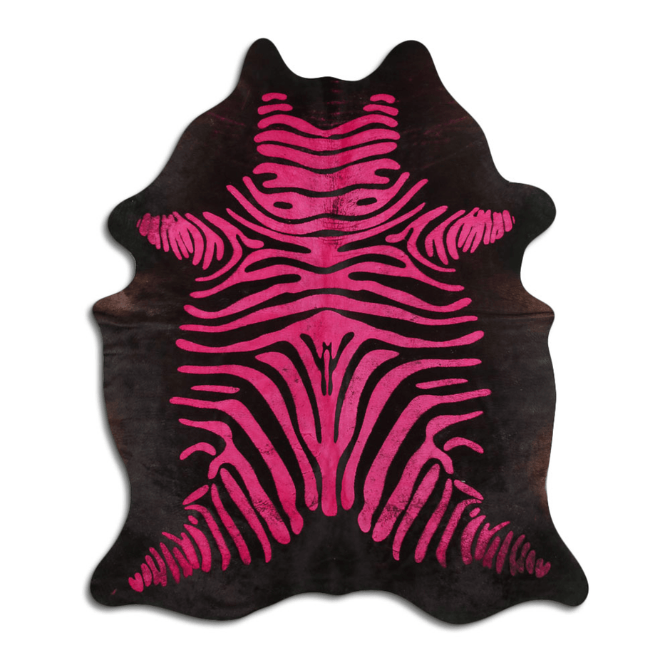 Acid Washed Cowhide Area Rug In Distressed Zebra Pink On Black