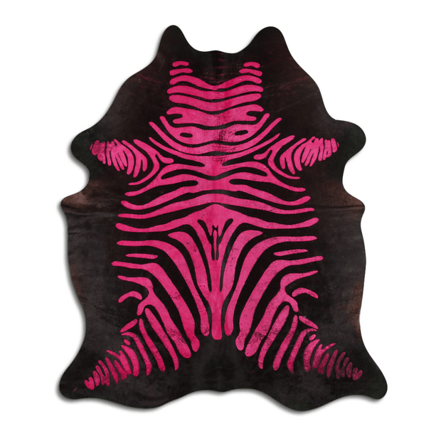 Acid Washed Cowhide Area Rug In Distressed Zebra Pink On Black