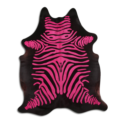 Acid Washed Cowhide Area Rug In Distressed Zebra Pink On Black