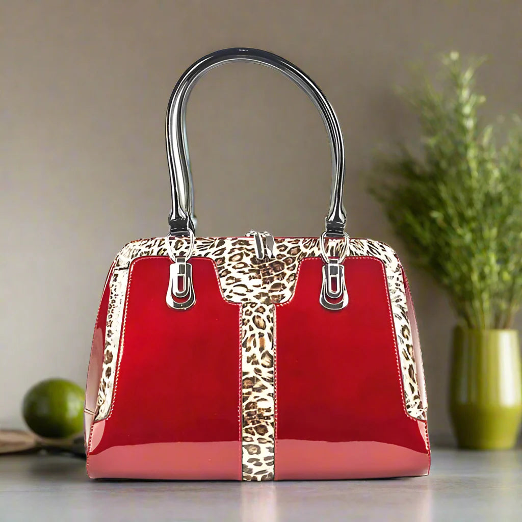 Bravo Handbags BH52-7573R Diana Red With Leopard Print Leather Classic