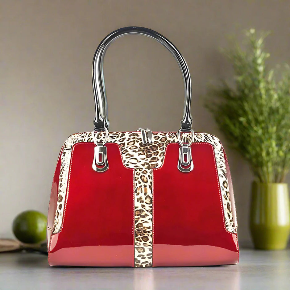 Bravo Handbags BH52-7573R Diana Red With Leopard Print Leather Classic