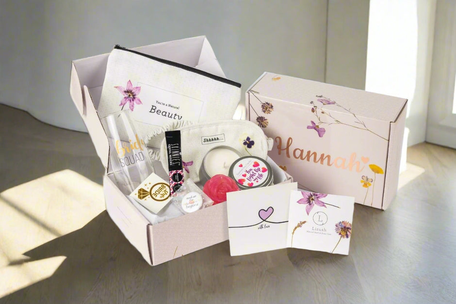 Bride gift basket with natural products and some indulgence items to pamper and celebrate your brideness - Lizush