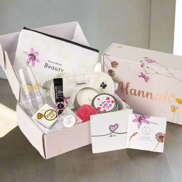 Bride gift basket with natural products and some indulgence items to pamper and celebrate your brideness - Lizush
