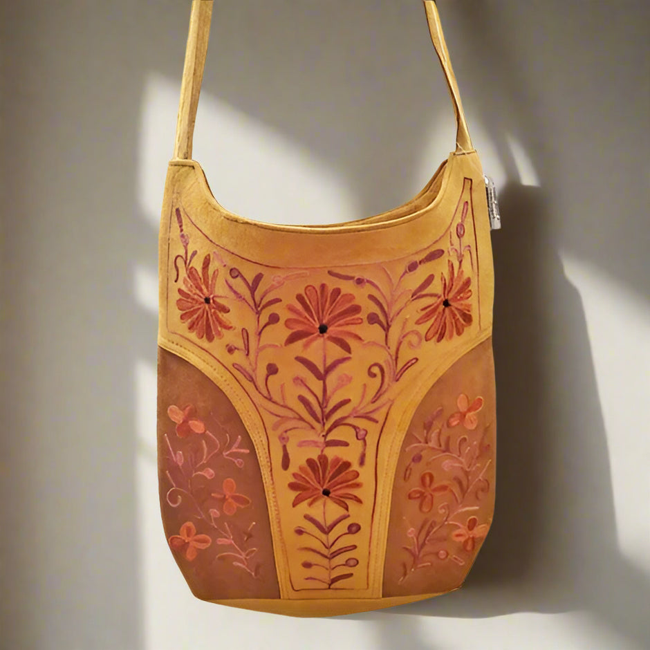Handmade Suede Floral Design Embroidered Leather Satchel Bag