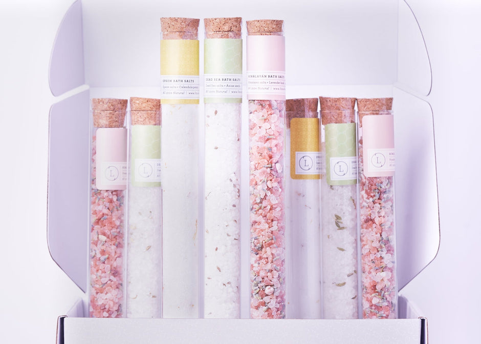 Natural Bath Salts Gift set in 8 Glass Tubes, Luxurious Bath Experience by Lizush